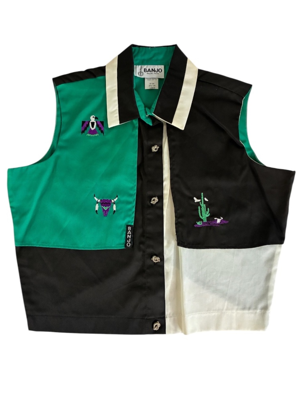 Banjo Dallas TX Embroidered Two Tone Colorblock Vest Western Black Green Large